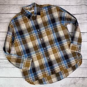 Shuttle Notes NEW Japanese Textile Tan Blue Plaid Button Up Shirt Size Large